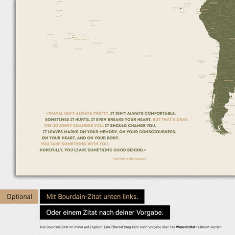 World map in olive green color with a printed quote from Anthony Bourdain, which can be replaced with any other quote during personalization