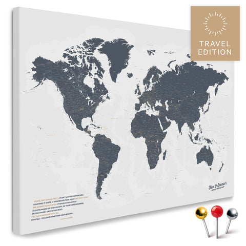 High-quality push pin world map in Denim Blue as a pin board, perfect for tracking and displaying your trips and travel destinations