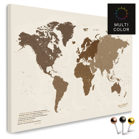 High-quality push pin world map in Multicolor Brown as a pin board, perfect for tracking and displaying your trips and travel destinations