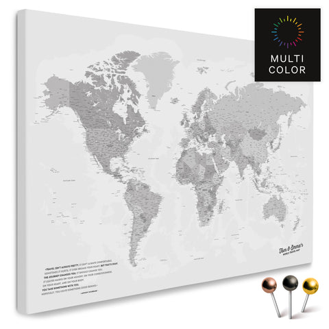 High-quality push pin world map in Multicolor Gray as a pin board, perfect for tracking and displaying your trips and travel destinations