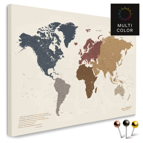 High-quality push pin world map in Multicolor Matt as a pin board, perfect for tracking and displaying your trips and travel destinations