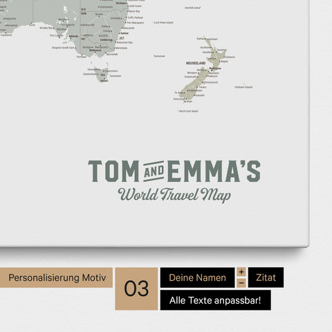 Personalization of a multicolor Sage world map pinboard with a vintage-look logo, where the names and the subtitle "World Travel Map" can be changed