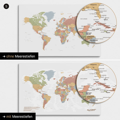 World map in multicolor sienna with two-dimensional sea depths