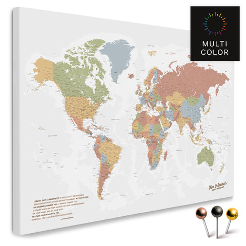 High-quality world map in multicolor sienna as a pin canvas, perfect for marking and planning trips, buy
