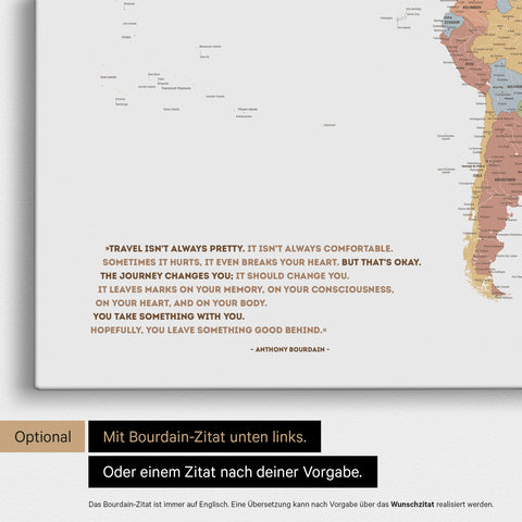 World map in multicolor sienna with an embossed quote by Anthony Bourdain, which can be replaced with any other quote during personalization
