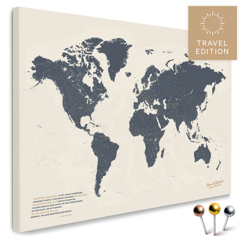 High-quality push pin world map in Navy Light as a pin board, perfect for tracking and displaying your trips and travel destinations