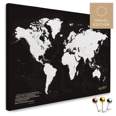 High-quality push pin world map in Black & White as a pin board, perfect for tracking and displaying your trips and travel destinations