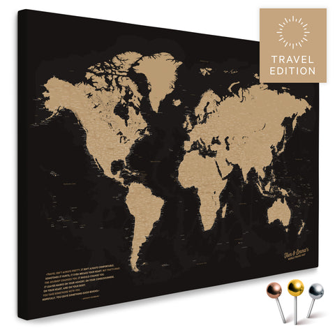 High-quality push pin world map in Sonar Black-Gold as a pin board, perfect for tracking and displaying your trips and travel destinations
