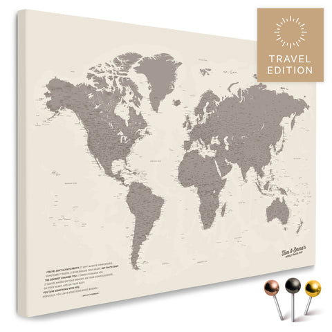 High-quality push pin world map in Warmgray as a pin board, perfect for tracking and displaying your trips and travel destinations