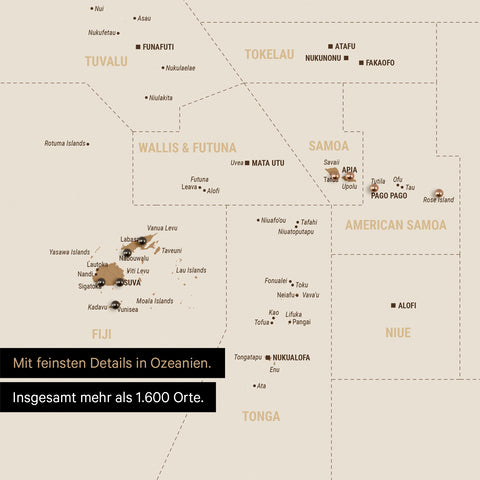 Sehr detaillierte Landkarte von Ozeanien in Farbe Bronze mit allen Inseln und Atollen in der Südsee