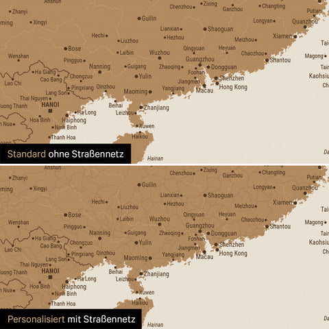 Vergleich einer Australien-Karte in Farbe Bronze mit und ohne Straßennetz