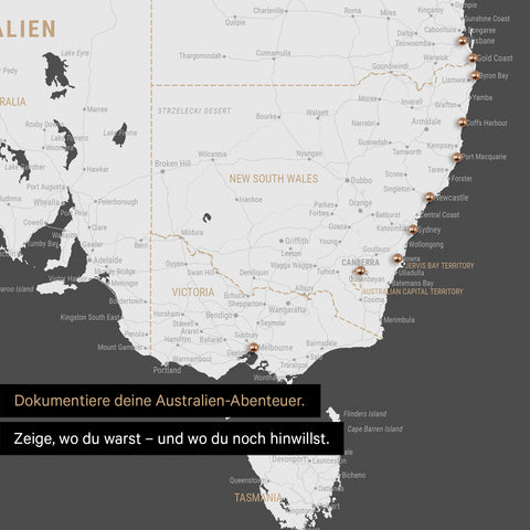 Ausschnitt einer Landkarte von Australien in Farbe Dunkelgrau mit Pins zur Markierung von besuchten Reisezielen