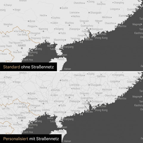 Vergleich einer Australien-Karte in Farbe Dunkelgrau mit und ohne Straßennetz