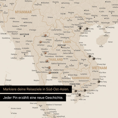 Detail einer Südost-Asien-Karte als Pinn-Leinand in Farbe Gold mit Kartenausschnitt von Thailand, Vietnam und Myanmar