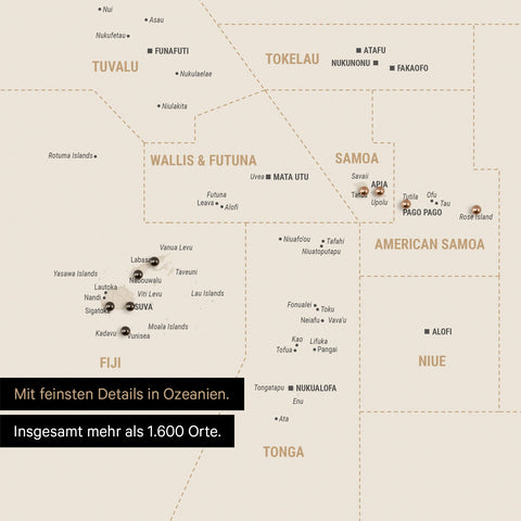 Sehr detaillierte Landkarte von Ozeanien in Farbe Gold mit allen Inseln und Atollen in der Südsee