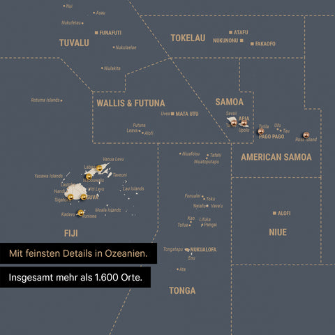 Sehr detaillierte Landkarte von Ozeanien in Farbe Hale Navy (Dunkelblau Gold) mit allen Inseln und Atollen in der Südsee