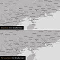 Vergleich einer Australien-Karte in Farbe Hellgrau mit und ohne Straßennetz