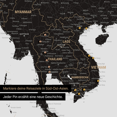 Detail einer Südost-Asien-Karte als Pinn-Leinand in Farbe Light Black mit Kartenausschnitt von Thailand, Vietnam und Myanmar