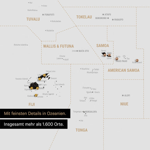 Sehr detaillierte Landkarte von Ozeanien in Farbe Light Black mit allen Inseln und Atollen in der Südsee