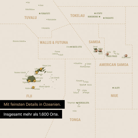 Sehr detaillierte Landkarte von Ozeanien in Farbe Olive Green mit allen Inseln und Atollen in der Südsee