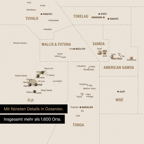 Sehr detaillierte Landkarte von Ozeanien in Farbe Bronze mit allen Inseln und Atollen in der Südsee