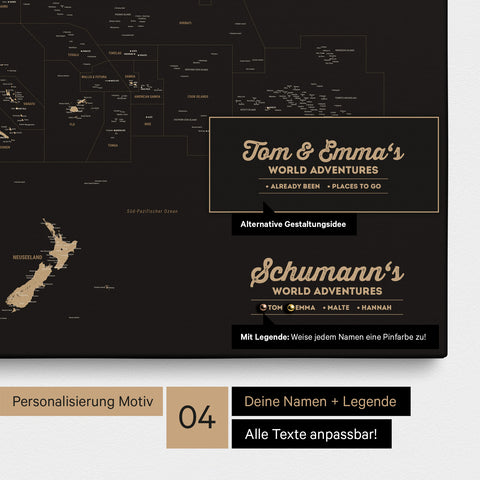 Australien-Karte als Leinwand zum Pinnen in Farbe Sonar Black (Schwarz-Gold) mit Personalisierung in Form eines Logos für Familiennamen