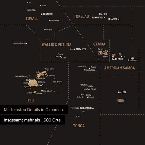 Sehr detaillierte Landkarte von Ozeanien in Farbe Sonar Black (Schwarz-Gold) mit allen Inseln und Atollen in der Südsee
