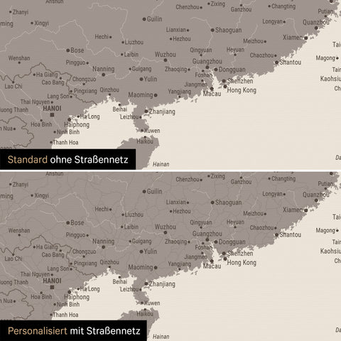 Vergleich einer Australien-Karte in Farbe Warmgray mit und ohne Straßennetz