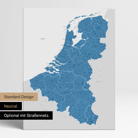 Neutrale Standard Ausführung der detaillierten Benelux-Karte als Pinnwand Leinwand in Blau ohne Personalisierung