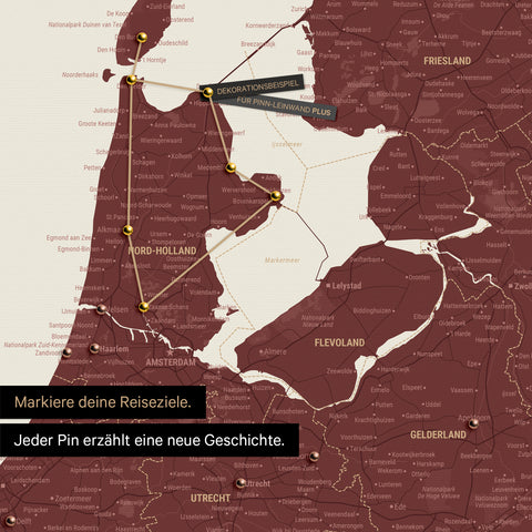 Moderne Benelux-Landkarte in der Farbe Bordeaux Rot als Pinn-Leinwand zeigt einen Ausschnitt von Nord-Holland und Utrecht, in der bereits besuchte Reiseziele durch Pins markiert sind 