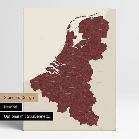 Neutrale Standard Ausführung der detaillierten Benelux-Karte als Pinnwand Leinwand in Bordeaux Rot ohne Personalisierung