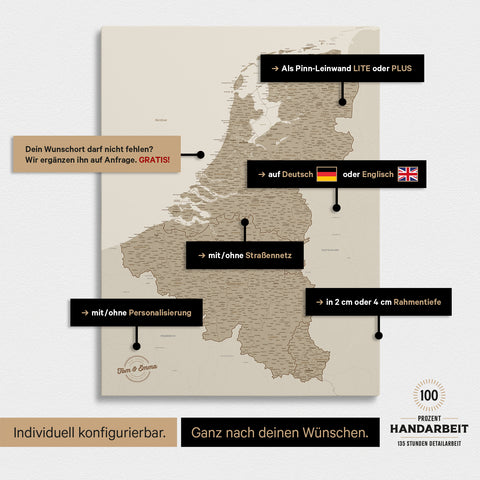 Benelux Push Pin Map TRAVEL® (Pinboard) – Desert Sand