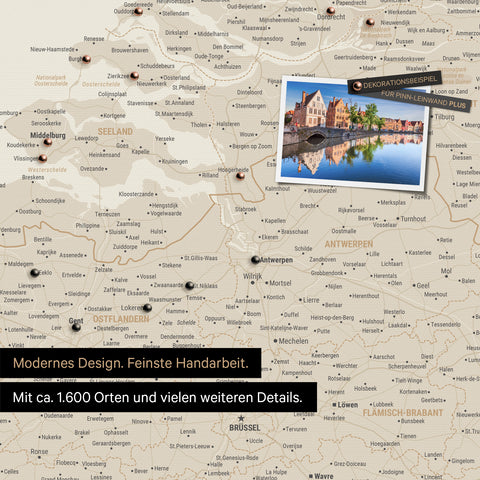 Benelux-Landkarte in Gold als Leinwand zum Pinnen zeigt einen Ausschnitt von Seeland, Ostflandern und Antwerpen mit vielen Details wie Nationalparks, Flüssen und zahlreichen kleinen Orten und Städten, die teilweise mit Pins markiert sind