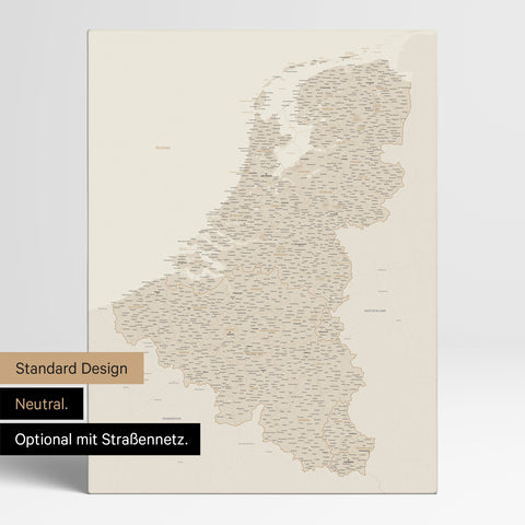 Neutrale Standard Ausführung der detaillierten Benelux-Karte als Pinnwand Leinwand in Gold ohne Personalisierung
