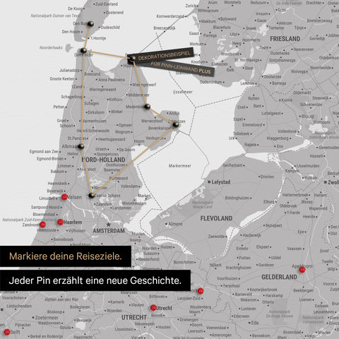 Moderne Benelux-Landkarte in der Farbe Coolgray als Pinn-Leinwand zeigt einen Ausschnitt von Nord-Holland und Utrecht, in der bereits besuchte Reiseziele durch Pins markiert sind 
