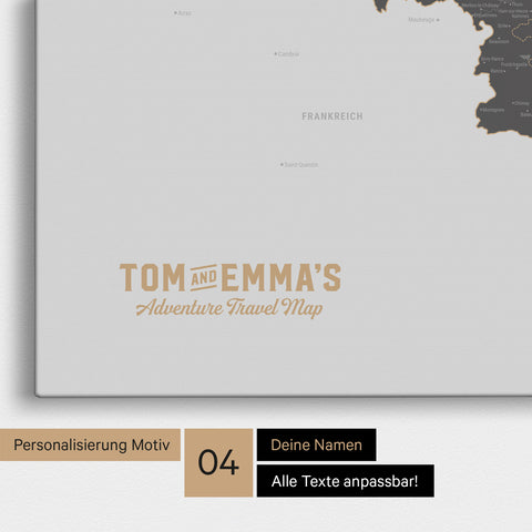 Benelux-Karte Pinn-Leinwand in Light Gray mit Personalisierung als rundes Logo, das eine Legende für bereits besuchte Reiseziele im Rundtext beinhaltet