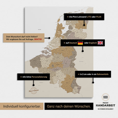 Benelux Push Pin Map TRAVEL® (Pinboard) – Multicolor Beige