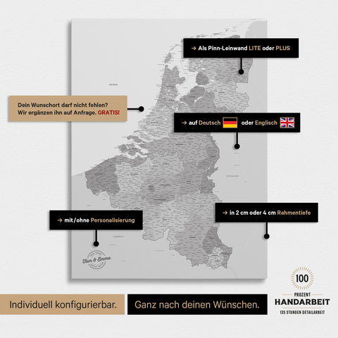 Benelux Push Pin Map TRAVEL® (Pinboard) – Multicolor Gray