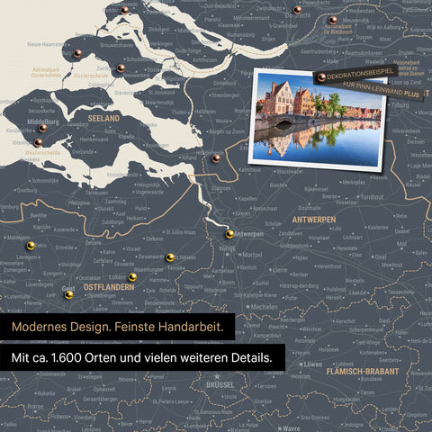 Benelux-Landkarte in Navy Light als Leinwand zum Pinnen zeigt einen Ausschnitt von Seeland, Ostflandern und Antwerpen mit vielen Details wie Nationalparks, Flüssen und zahlreichen kleinen Orten und Städten, die teilweise mit Pins markiert sind