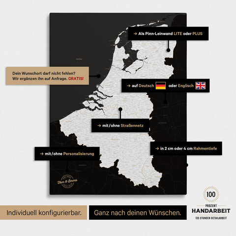 Benelux Push Pin Map TRAVEL® (Pinboard) – Dark Black (Black & White)