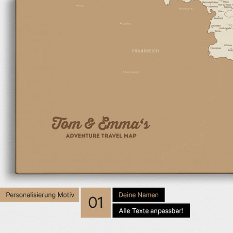 Landkarte von Niederlande, Belgien und Luxemburg als Pinnwand Leinwand in Treasure Gold mit Personalisierung und Namen in einer modernen Schreibschrift