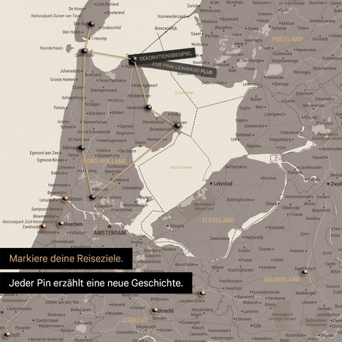 Moderne Benelux-Landkarte in der Farbe Warmgray als Pinn-Leinwand zeigt einen Ausschnitt von Nord-Holland und Utrecht, in der bereits besuchte Reiseziele durch Pins markiert sind 