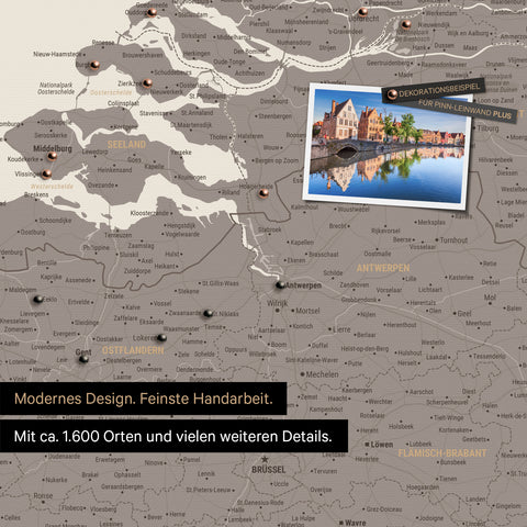 Benelux-Landkarte in Warmgray als Leinwand zum Pinnen zeigt einen Ausschnitt von Seeland, Ostflandern und Antwerpen mit vielen Details wie Nationalparks, Flüssen und zahlreichen kleinen Orten und Städten, die teilweise mit Pins markiert sind