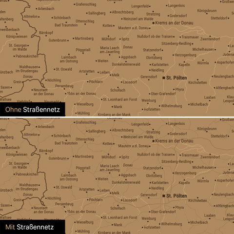 DACH-Karte Leinwand in Bronze wahlweise mit oder ohne Straßennetz