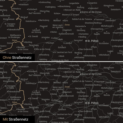 DACH-Karte Leinwand in Light Black wahlweise mit oder ohne Straßennetz