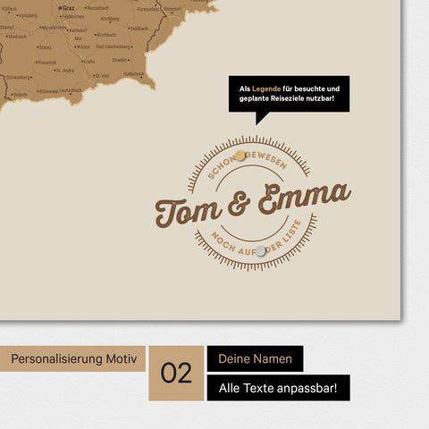 Personalisierte Magnet-DACH-Karte mit eingedruckten Namen und einer Legende zur Markierung von besuchten Orten