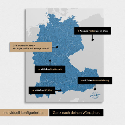 Vielfältige Konfigurationsmöglichkeiten einer DACH-Karte in Blau