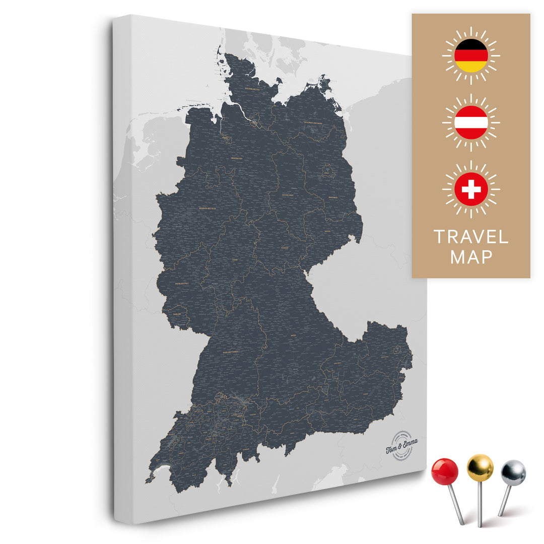 DACH Region Map TRAVEL® Push Pin Canvas – Denim Blue – Breuers Weltkarten