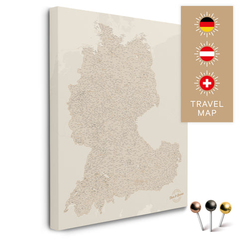 DACH Map (DE-AT-CH) Canvas Push Pin Board – Gold