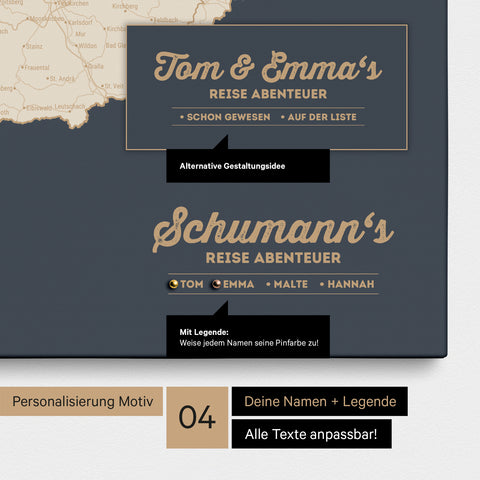 Pinnwand Leinwand einer DACH-Karte in Hale Navy (Dunkelblau-Gold) mit Personalisierung als Logo mit Familiennamen